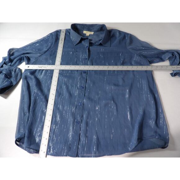 Michael Kors 3X Sheer Sparkly Top Button Up Layers Slate Blue Roll Tab - Picture 8 of 11